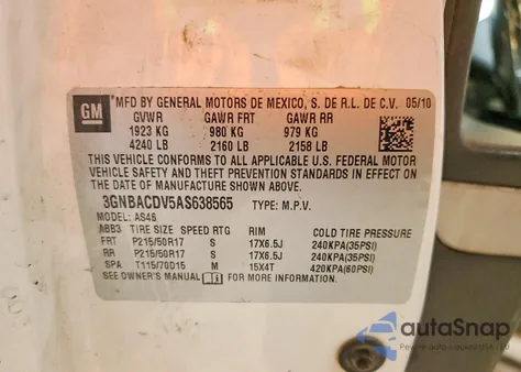 2010 Chevrolet Hhr Lt из США, поврежденный, VIN 3GNBACDV5AS638565